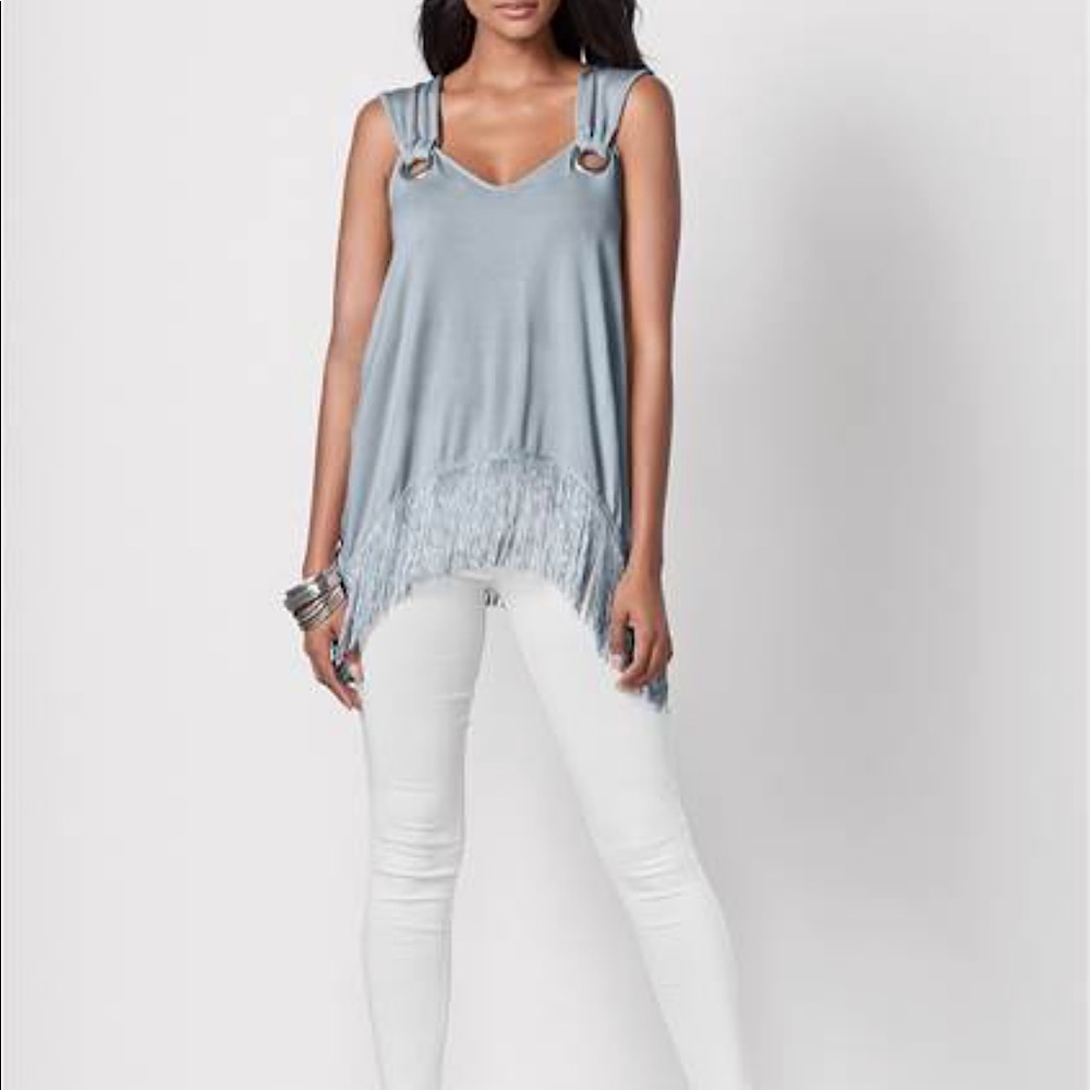 NWOT XL Venus grey/light blue fringe detail top.